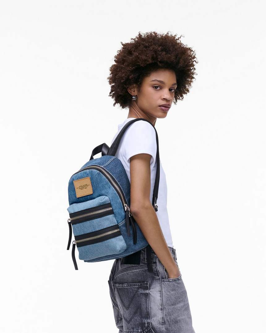 mochila média biker colorblock denim