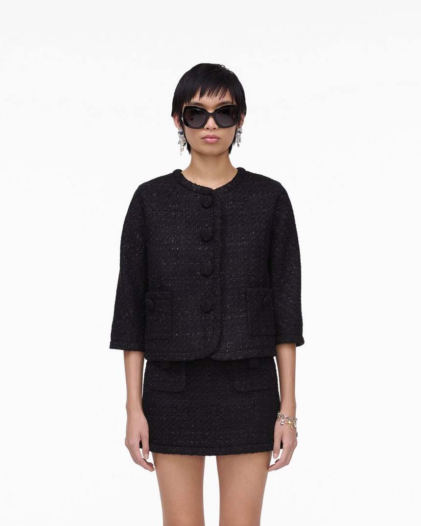 jaqueta feminina de tweed com corte invertido