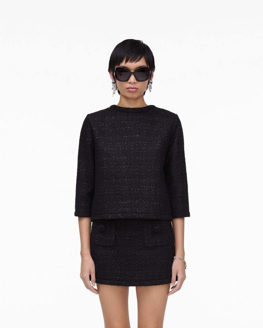 jaqueta feminina de tweed com corte invertido