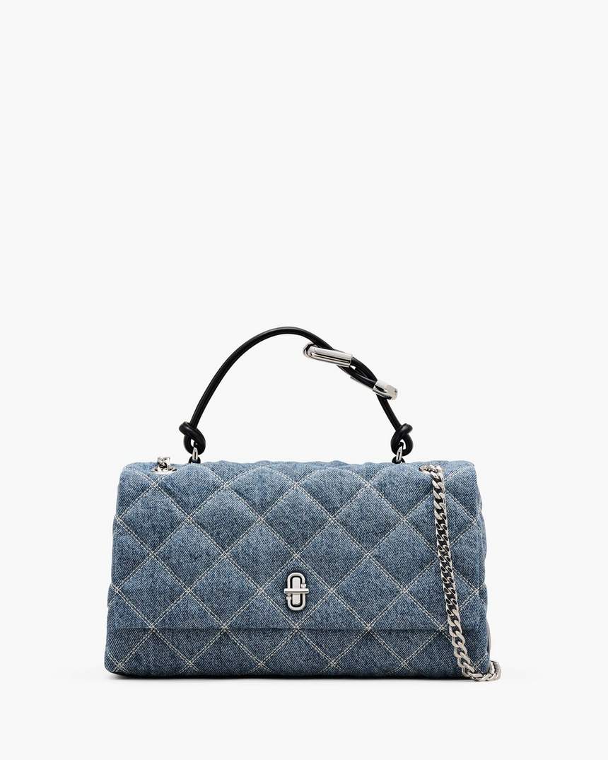 bolsa de ombro dupla em jeans acolchoado com corrente