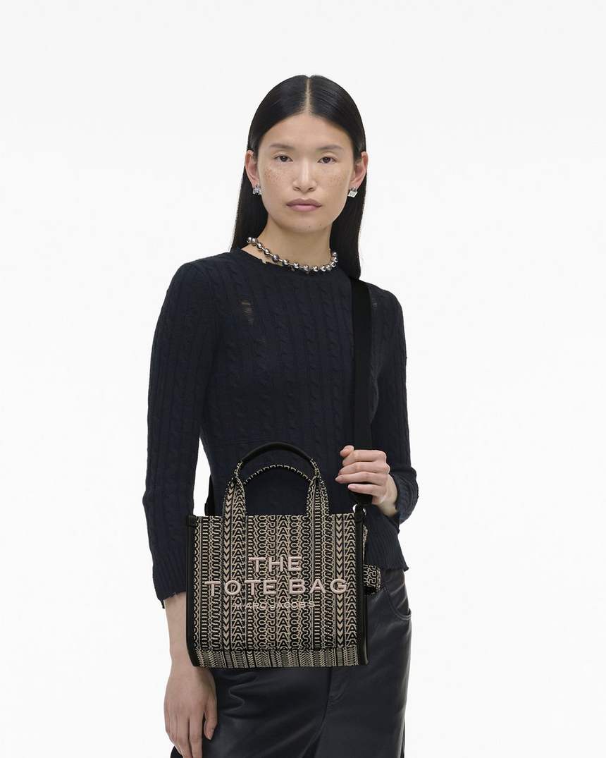 bolsa tote pequena com estampa jacquard monogramada