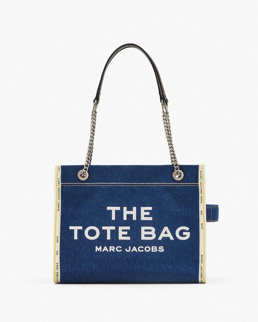 bolsa tote média com corrente em jeans