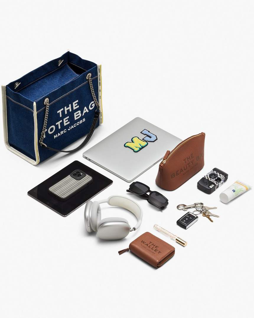 bolsa tote média com corrente em jeans