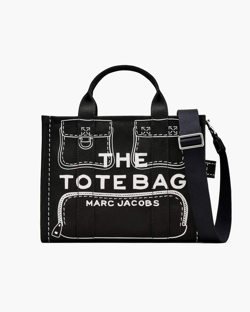 bolsa tote média em lona com estampa trompe loeil