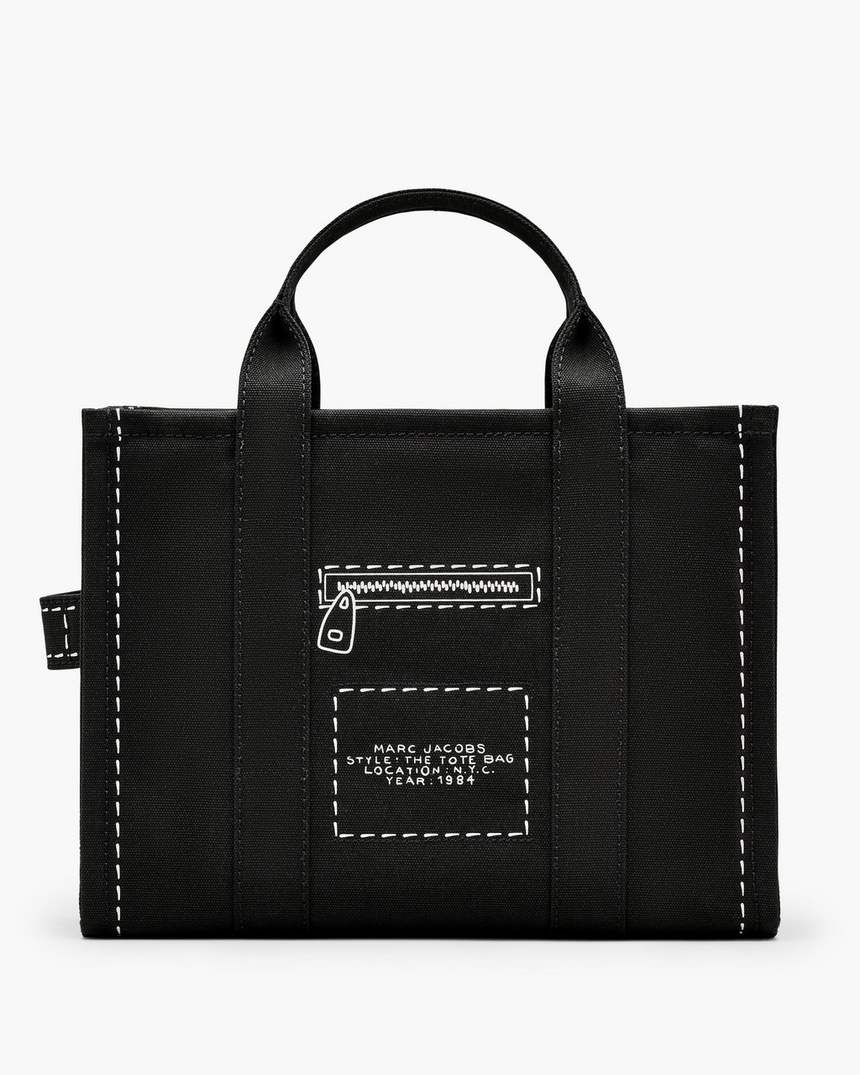 bolsa tote média em lona com estampa trompe loeil