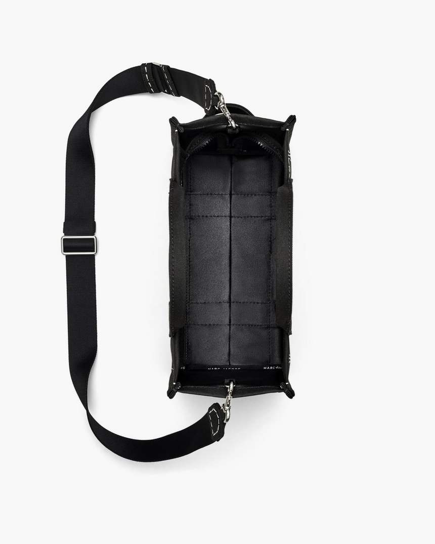 bolsa tote média em lona com estampa trompe loeil